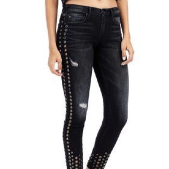TRUE RELIGION Feathered Black Jennie Curvy Ankle Embellished Jeans Size 32 - Picture 2 of 16